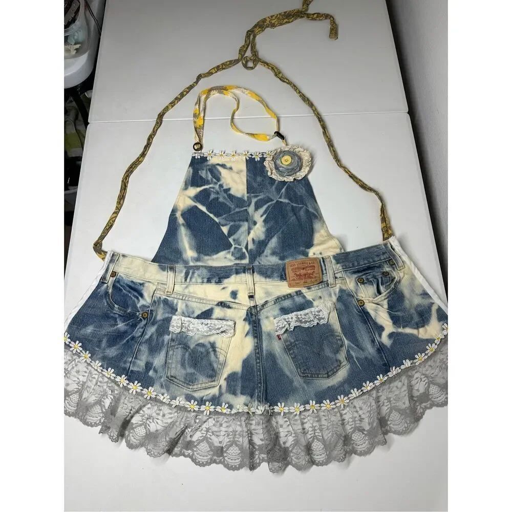 Handmade Vintage Apron Denim Lace Size Adult Levi’s Tie Dye